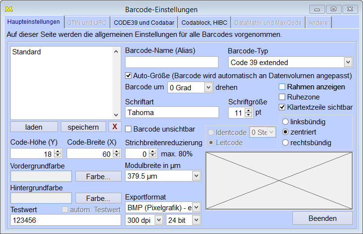 Barcode-Einstellungen
