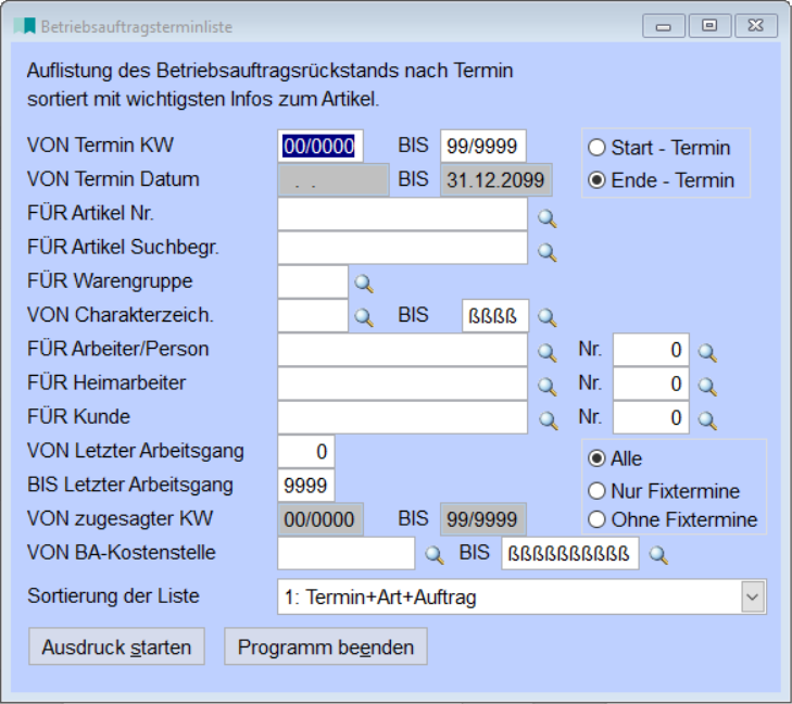 Betriebsauftragsterminliste