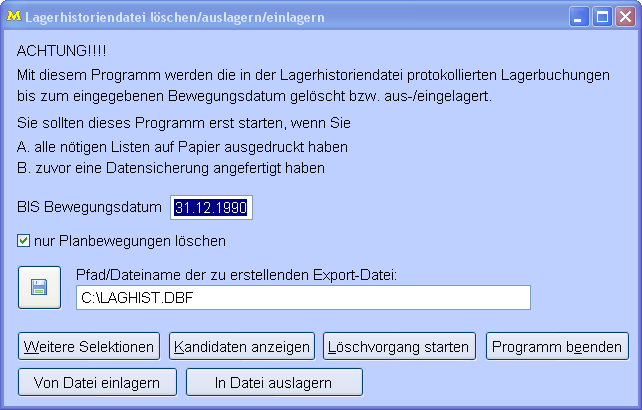 LagerhistoriendateiLöschenAuslagernEinlagern