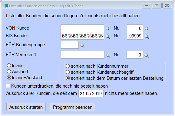 Liste aller Kunden ohne Bestellung seit X Tagen