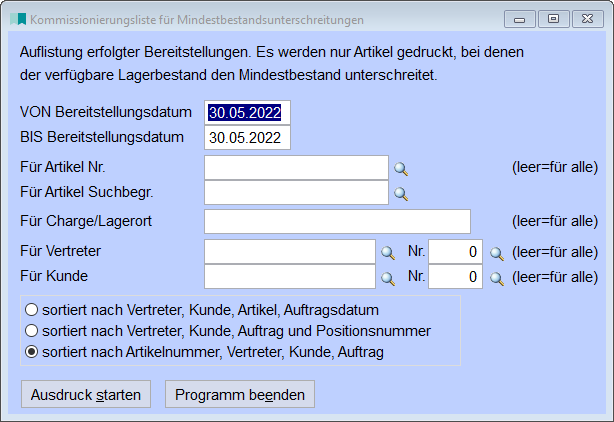 Kommissionierungsliste für Mindestbestandsunterschreitungen