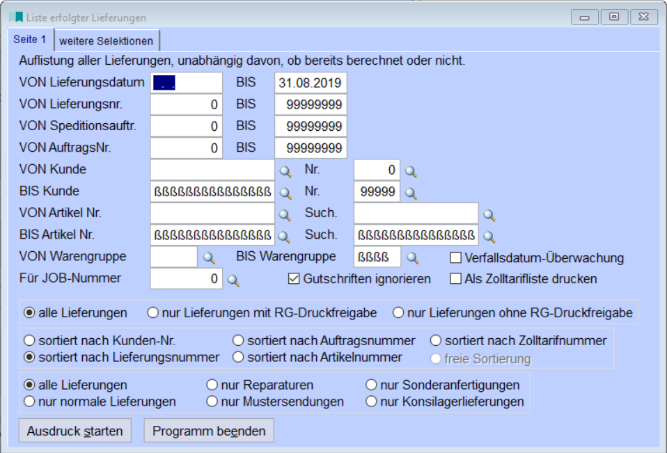 Liste erfolgter Lieferungen