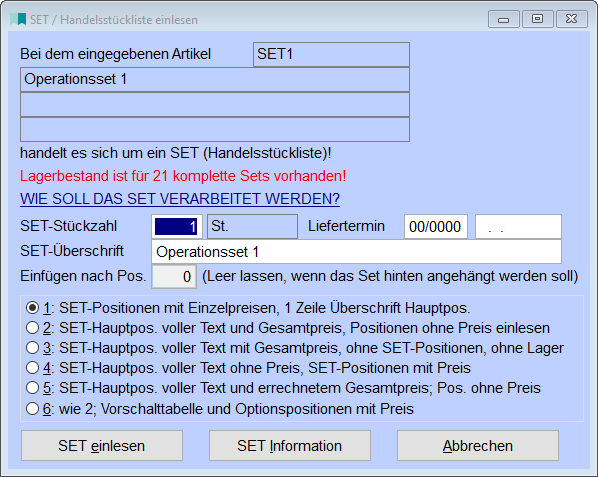 SetHandelsstückliste einlesen
