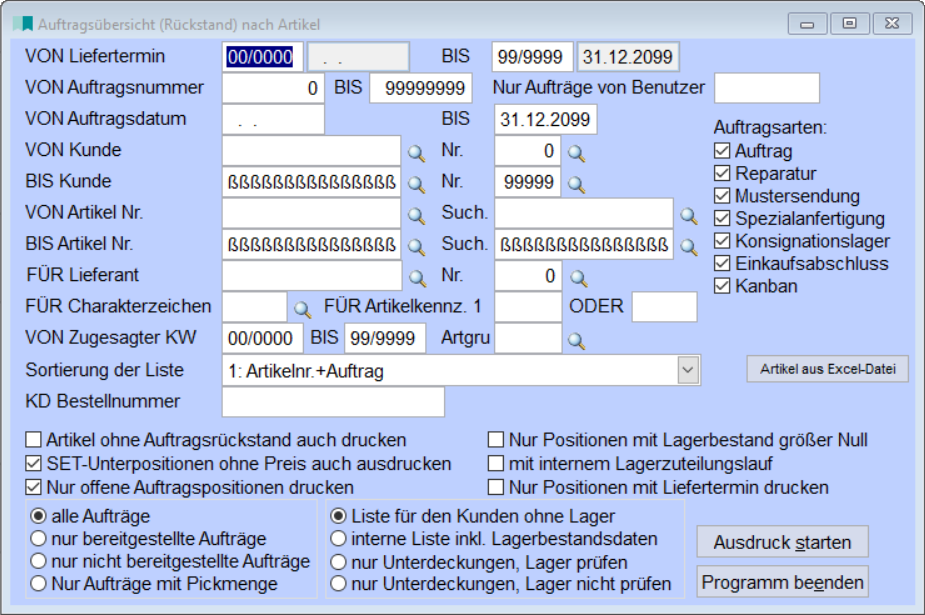 Auftragsübersicht Rückstand nach Artikeln