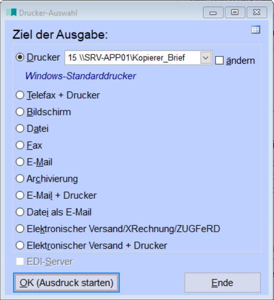 RechnungsStapeldruck Druckerauswahl