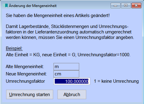 Änderung der Mengeneinheit