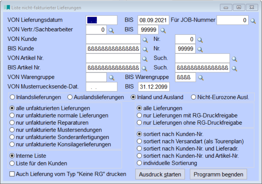 Liste nicht fakturierter Lieferscheinen