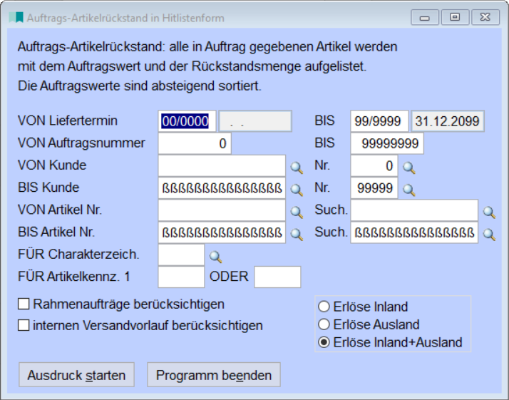 Auftragsrückstand Artikelhitliste