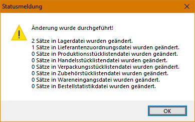 Änderung der Mengeneinheit Statusmeldung