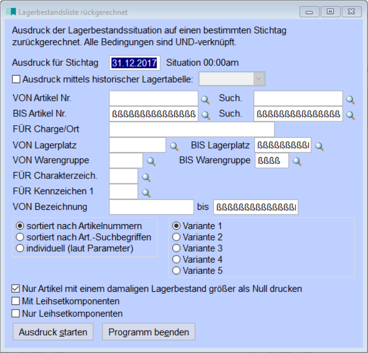 Lagerbestandsliste rückgerechnet