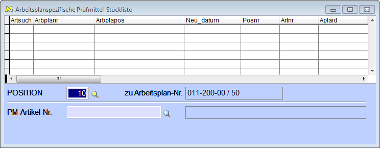 Arbeitsplanspezifische PrüfmittelStückliste