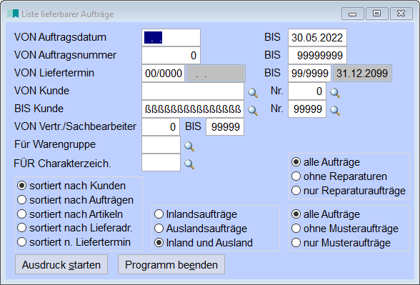 Liste lieferbarer Aufträge