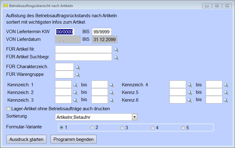 Betriebsauftragsübersicht nach Artikeln