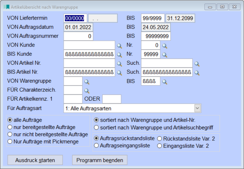 Artikelübersicht nach Warengruppen