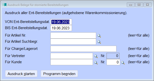 Ausdruck Belege für stornierte Bereitstellungen