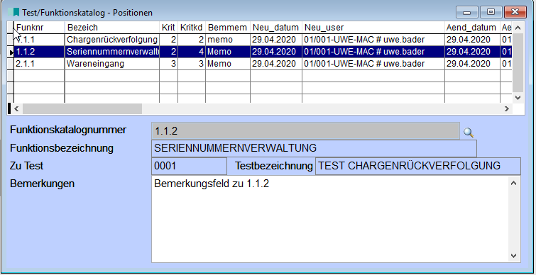TestFunktionskatalog Positionen
