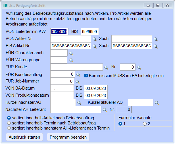 Liste Fertigungsfortschritt