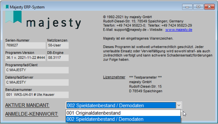 Majesty Start Mandantenauswahl