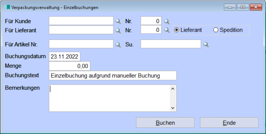 VerpackungsverwaltungEinzelbuchung